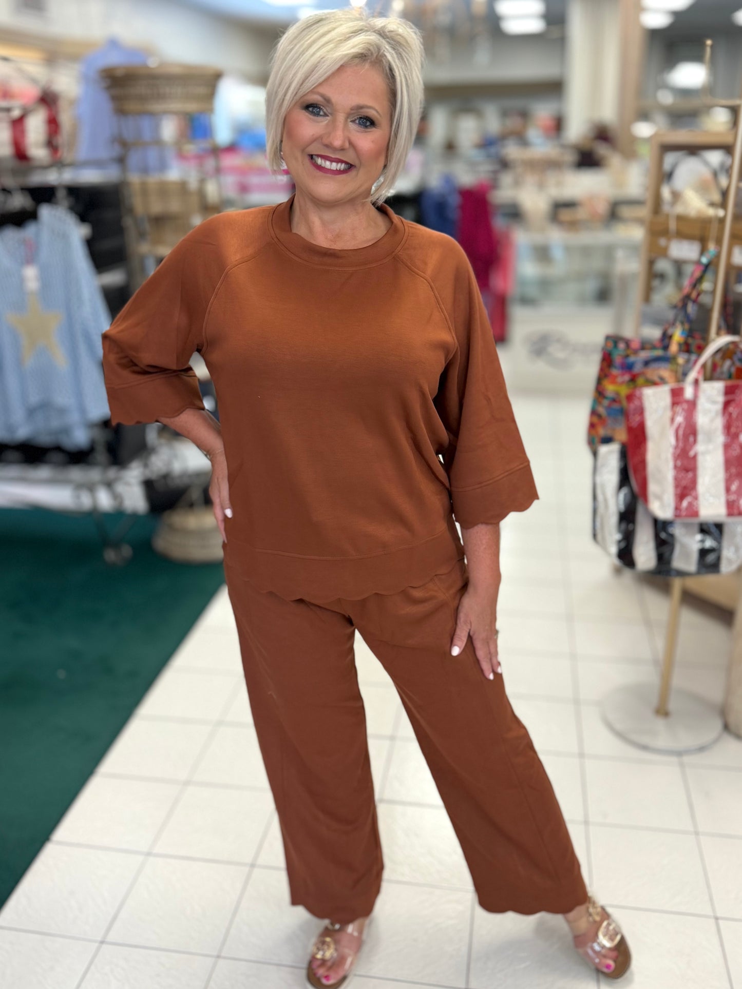 Umgee Terracotta LUXEKNIT Scalloped Hem Straight Pants