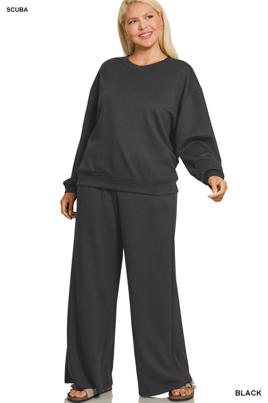 Zenana PLUS SCUBA CREWNECK PULLOVER & PANTS SET