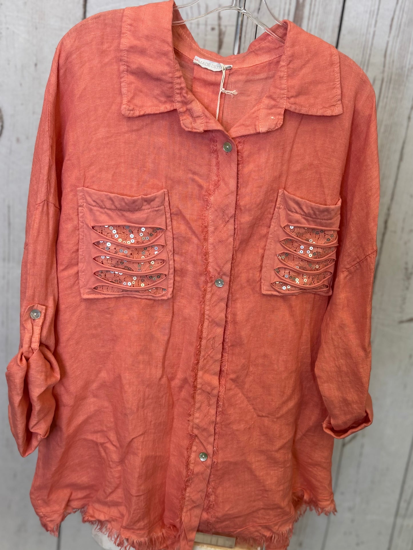 Made in Italy Linen Button Front Top with Decorative Front Pockets