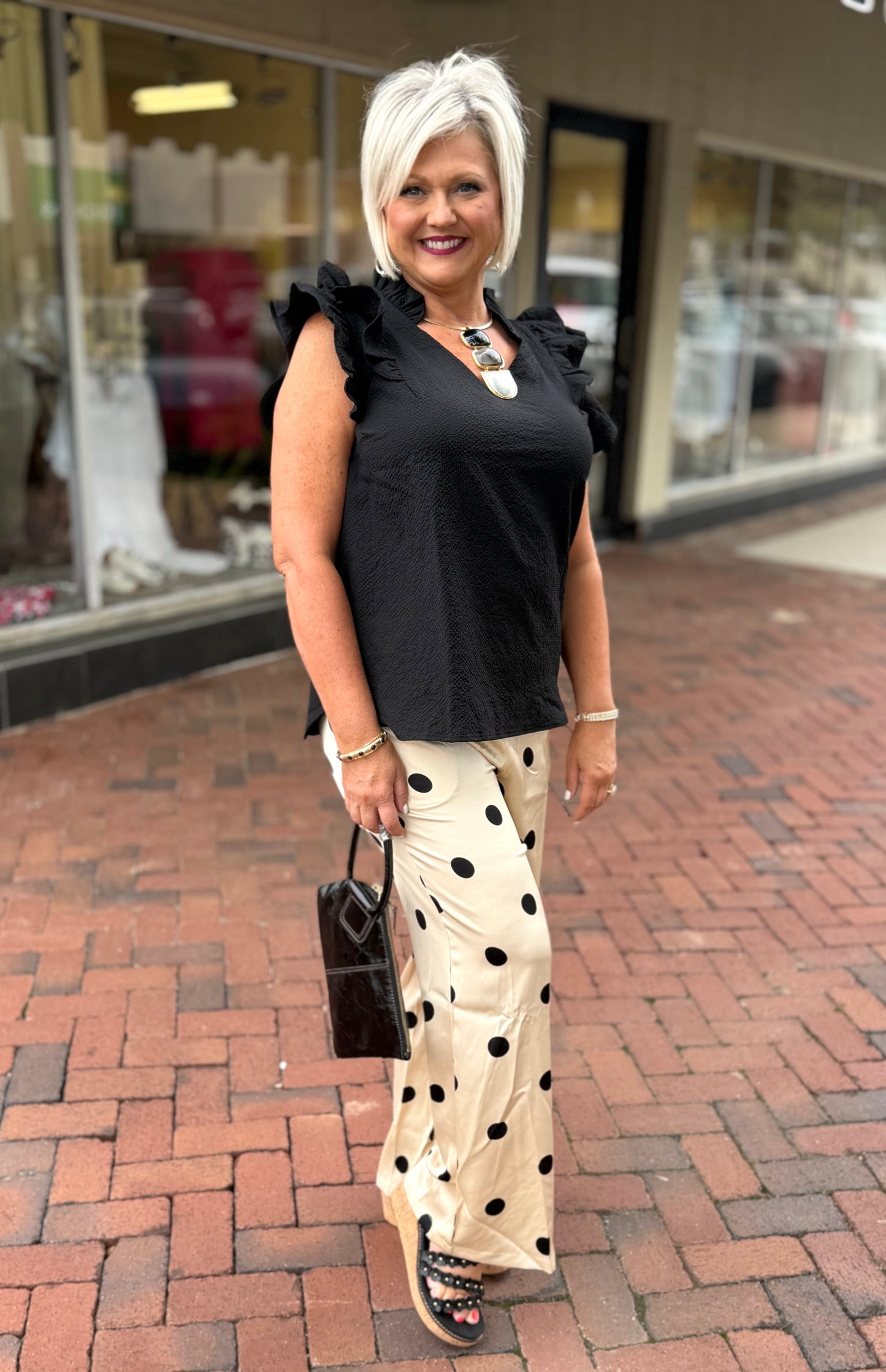 Davi & Dani Taupe & Black Wide Leg Polka Dot Pants