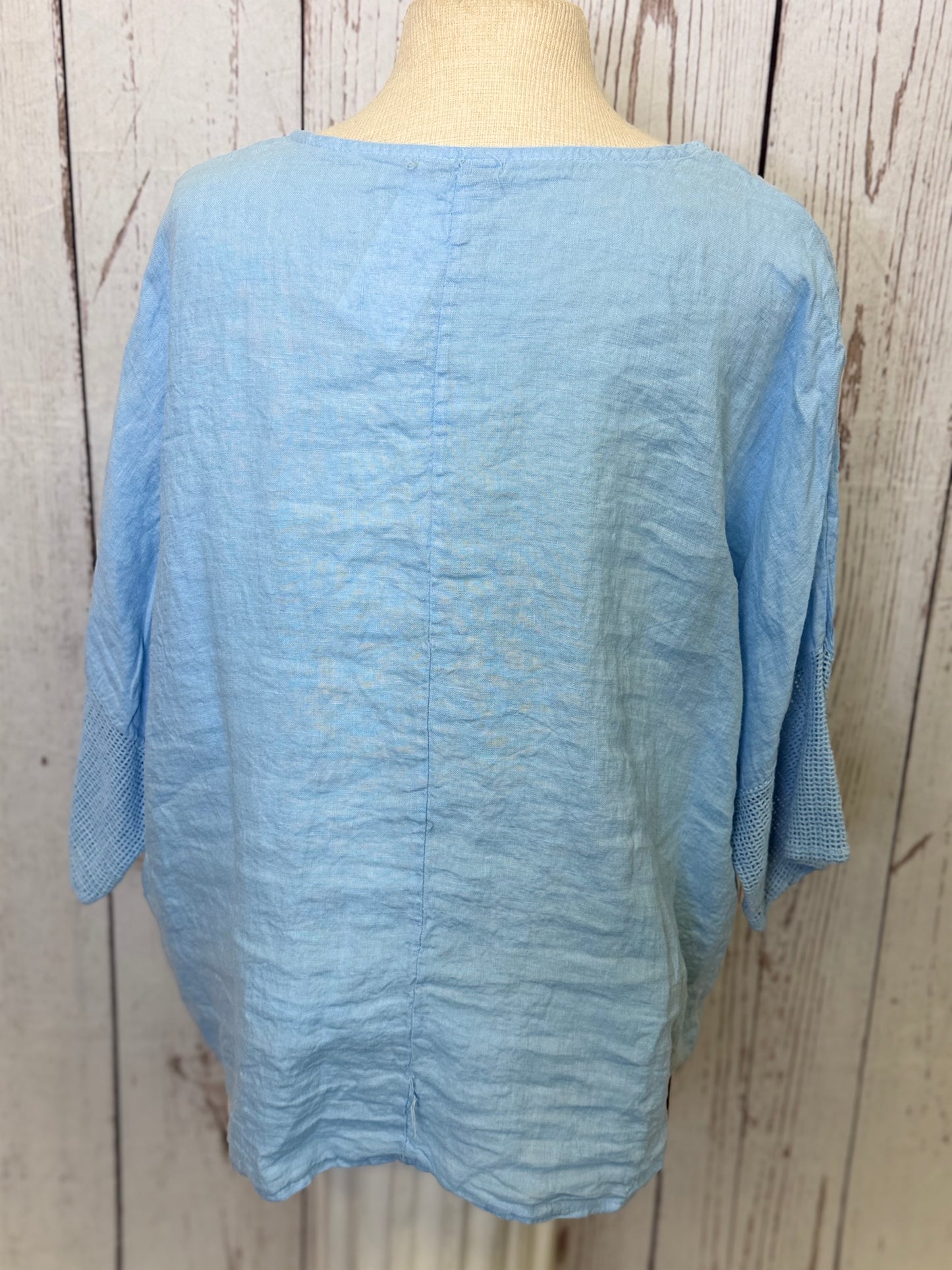 Made in Italy Linen Top with Crochet Net Trim