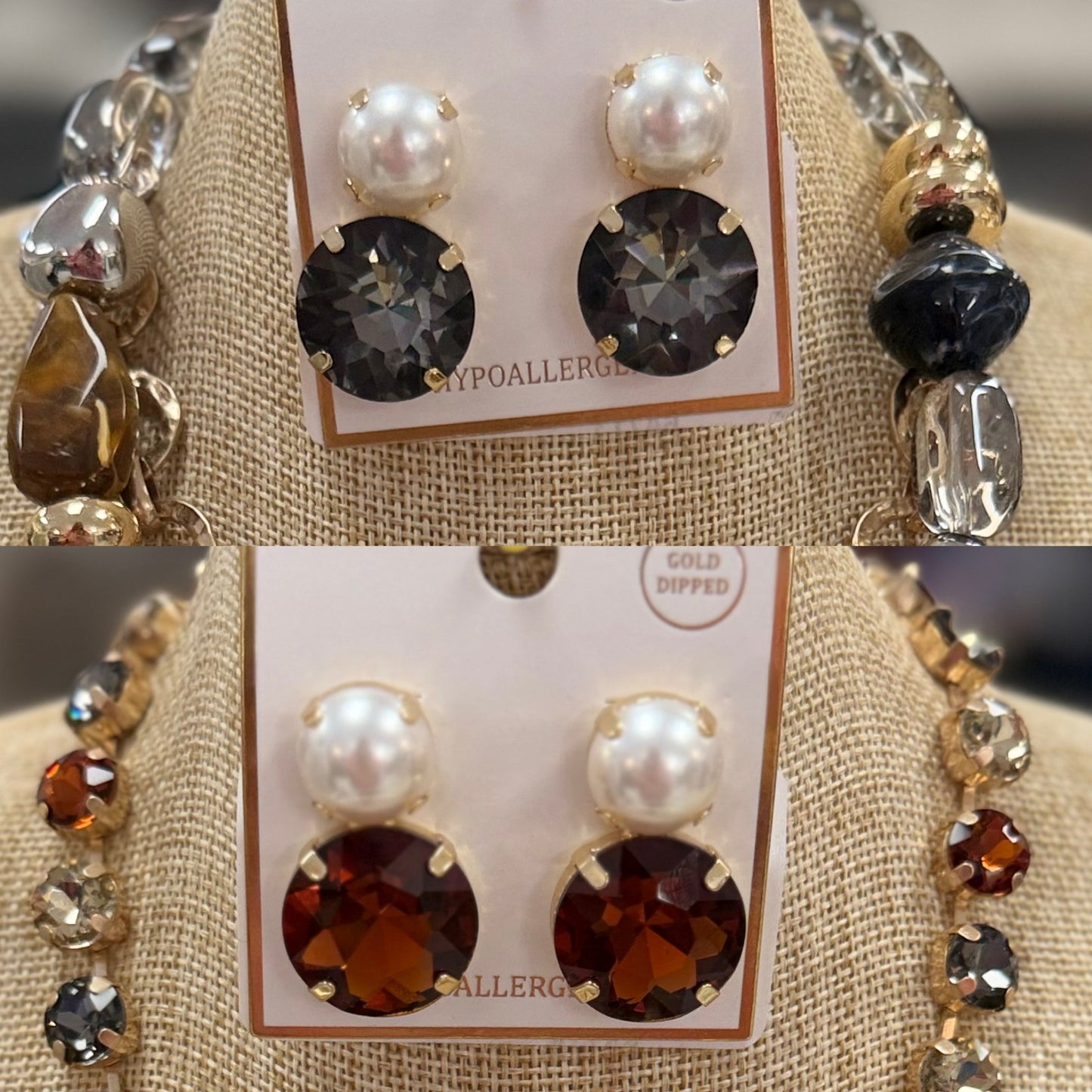 Pearl & Large Rhinestone Stud Earrings
