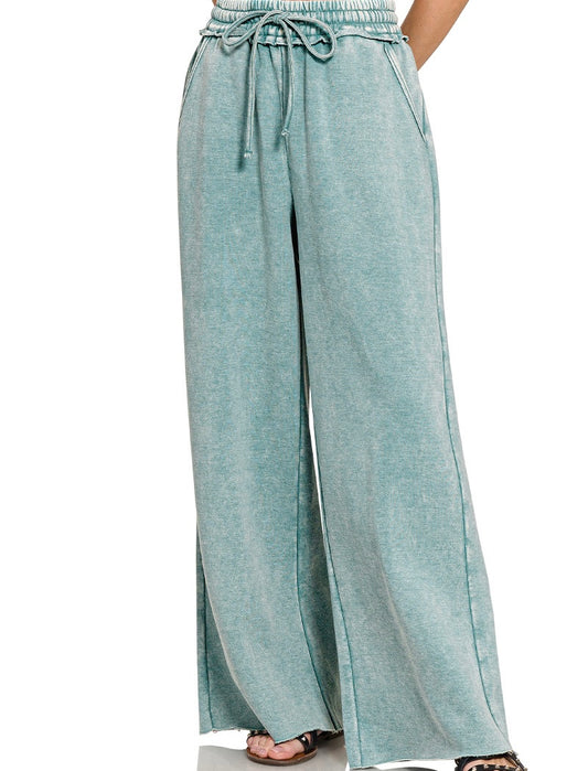 Zenana ACID WASH FLEECE PALAZZO SWEATPANTS WITH POCKETS