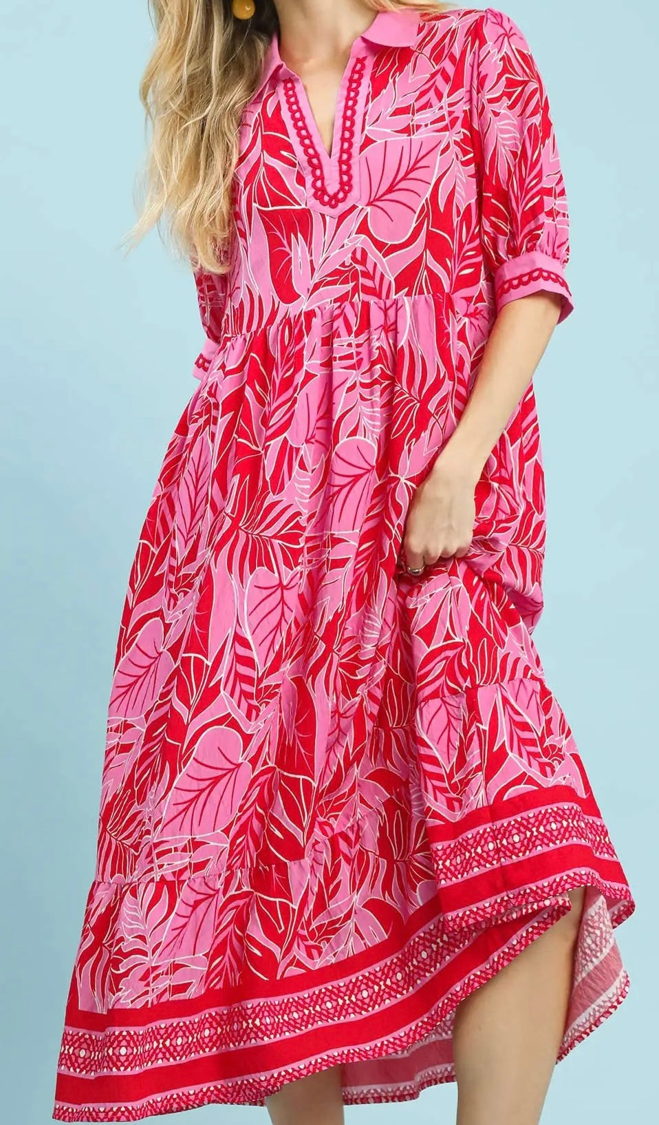 Umgee Plus Size Red & Pink Leafy Border Print V-Neck Midi Dress
