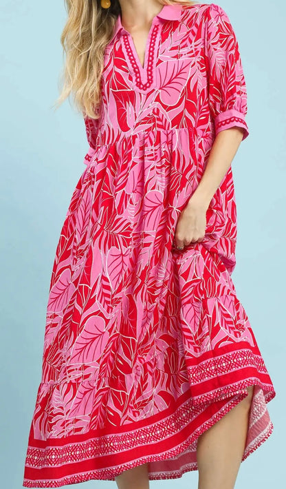 Umgee Plus Size Red & Pink Leafy Border Print V-Neck Midi Dress