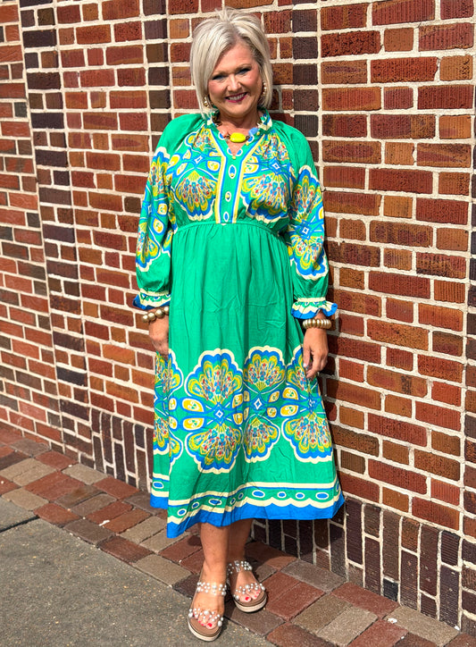 Umgee Green Border Print Midi Dress