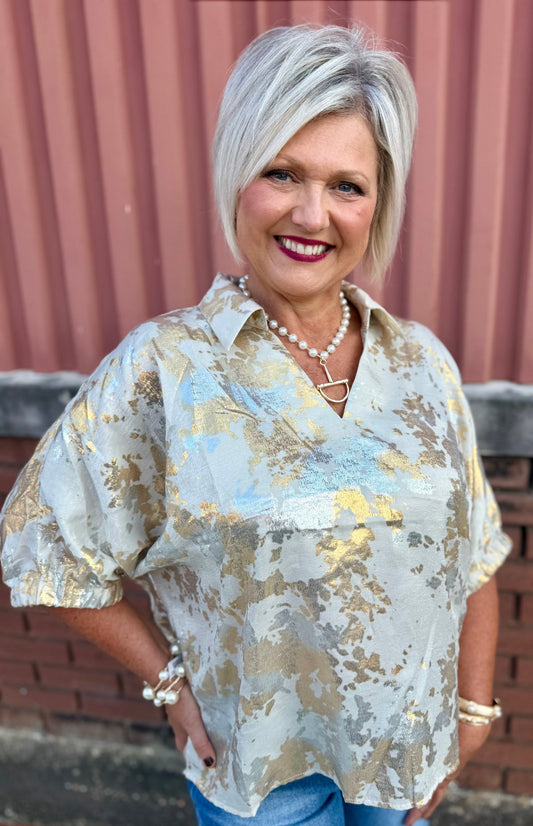 Jodifl  Pearl Drop Shoulder Dolman Sleeves Metallic Top
