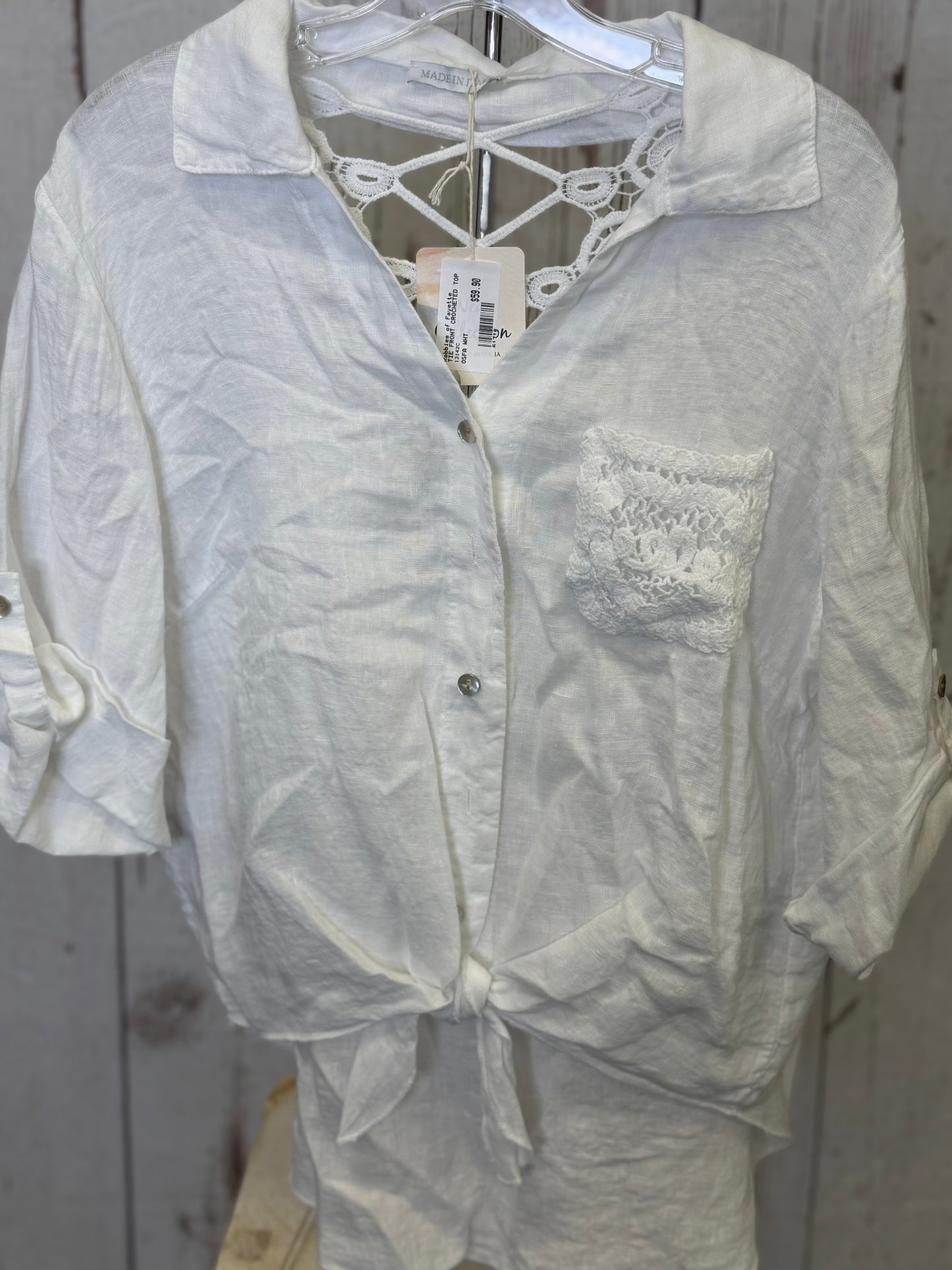 Made in Italy Tie Front Linen Top with Crocheted Back Detail