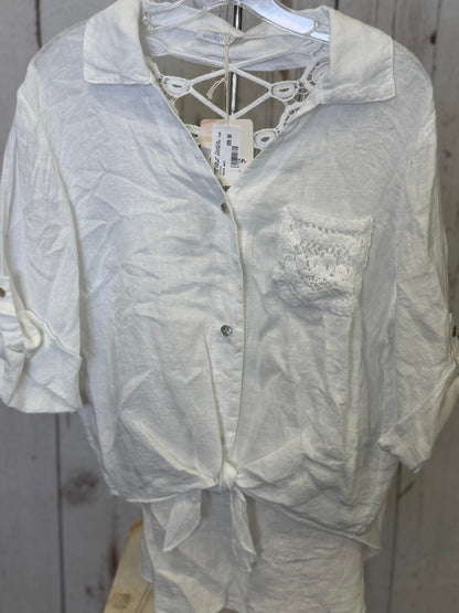 Made in Italy Tie Front Linen Top with Crocheted Back Detail