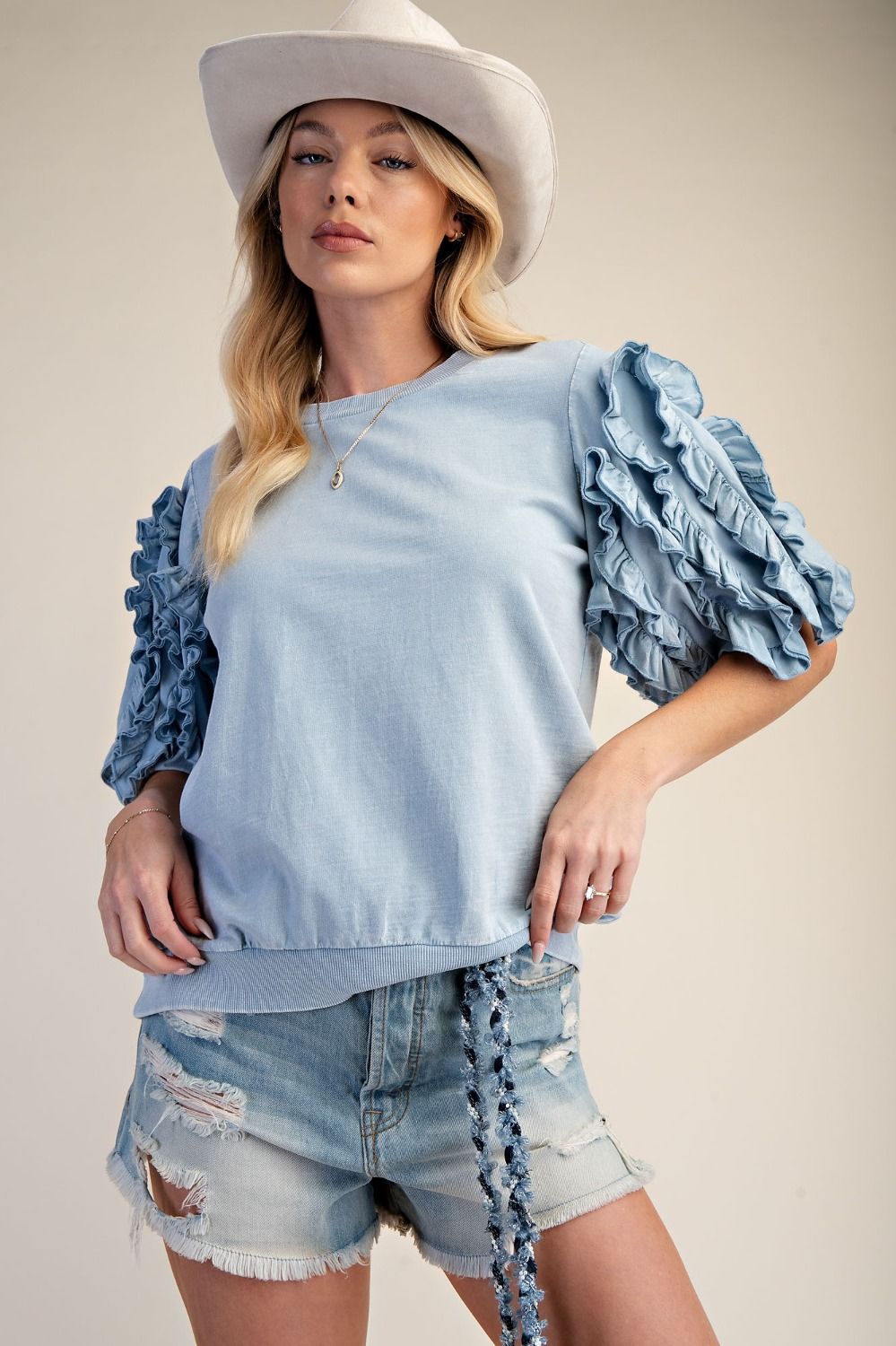 Ruffled Short Sleeve Mineral Washed Top