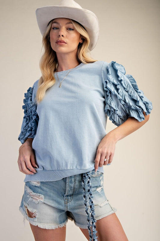 Ruffled Short Sleeve Mineral Washed Top