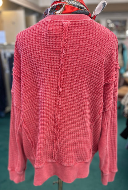 Boho Red Waffle Knit Long Sleeve Top