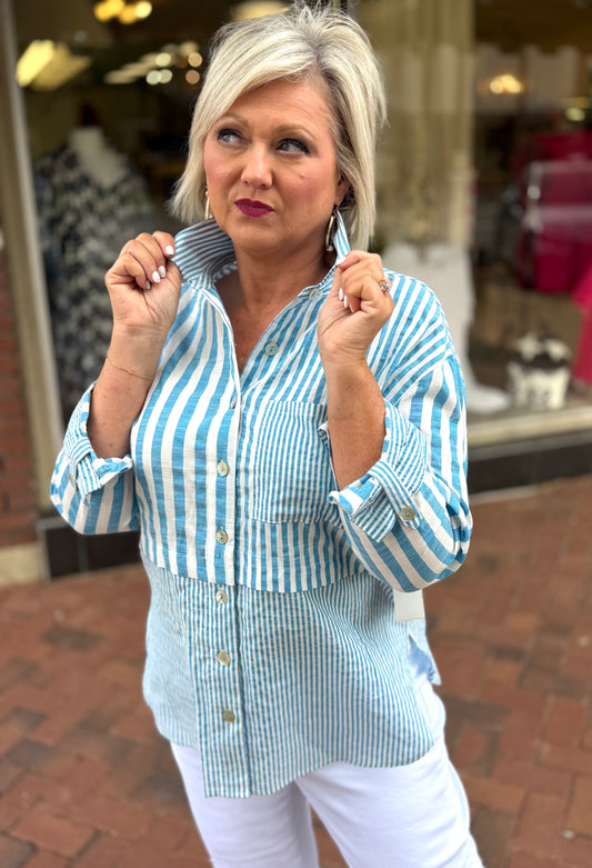 Multiples Stripe Slub Woven Shirt - Bright Turquoise