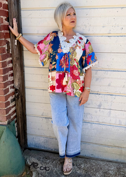 Umgee Short Sleeve Mix Floral Lace Trim Top