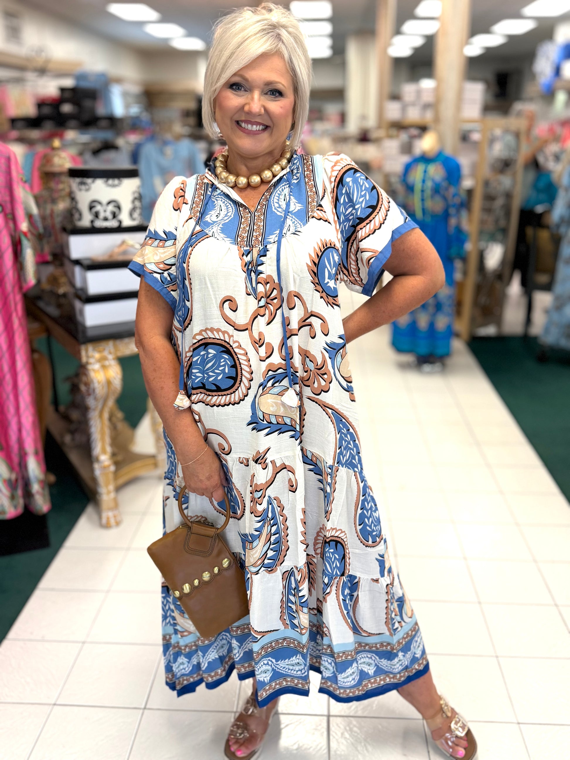 Umgee Blue Mix Paisley Print Midi Dress with Contrast Trim