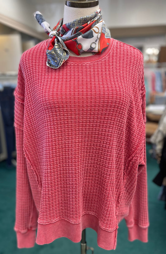 Boho Red Waffle Knit Long Sleeve Top