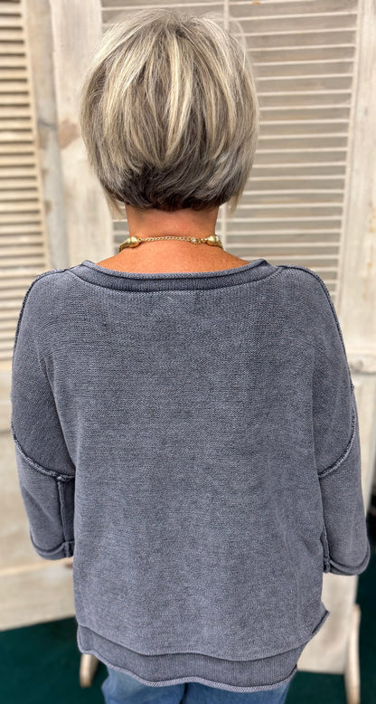Navy Blue Washed Inverted Seam Short Sleeve Sweater