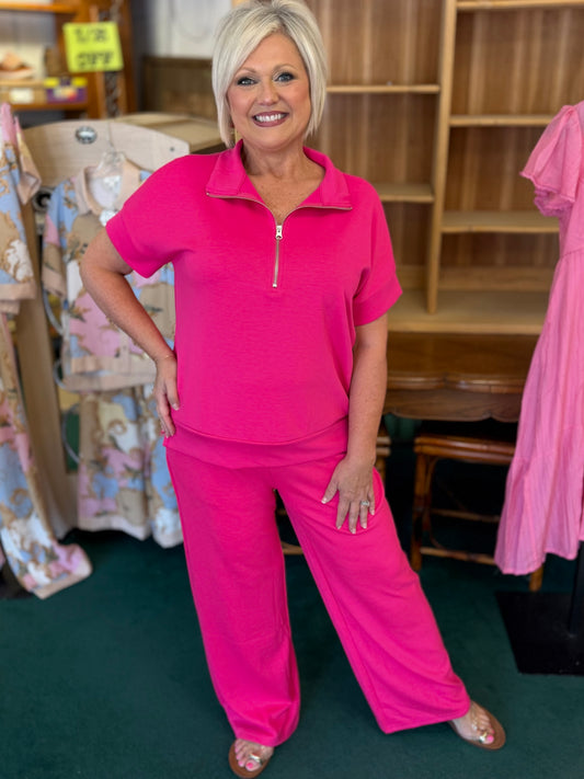 ZENANA HOT PINK SCUBA HIGH NECK HALF ZIP TOP & PANTS SET