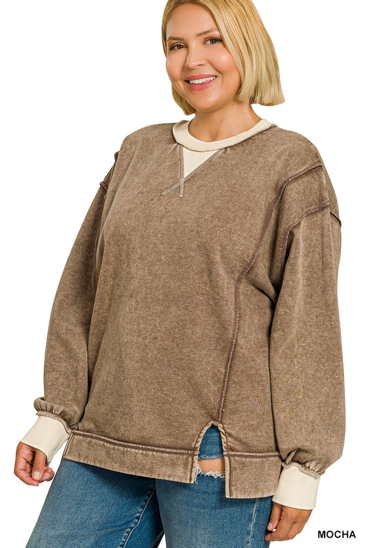 Zenana Mocha PLUS FLEECE ACID WASHED CONTRAST TRIM SWEATSHIRTS