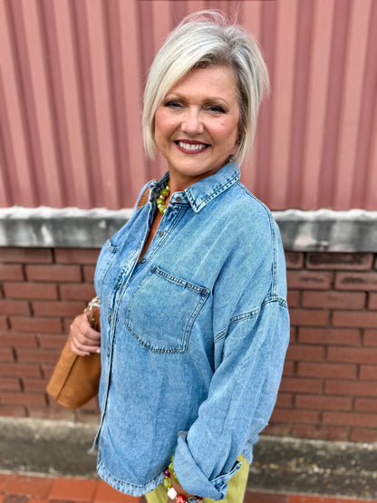 Washed Chambray Button Down Long Sleeve Shirt