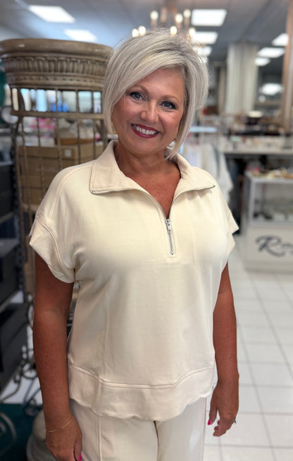Umgee Cream SELECT LUXEKNIT Half Zip Pullover with Scalloped Edge Hem