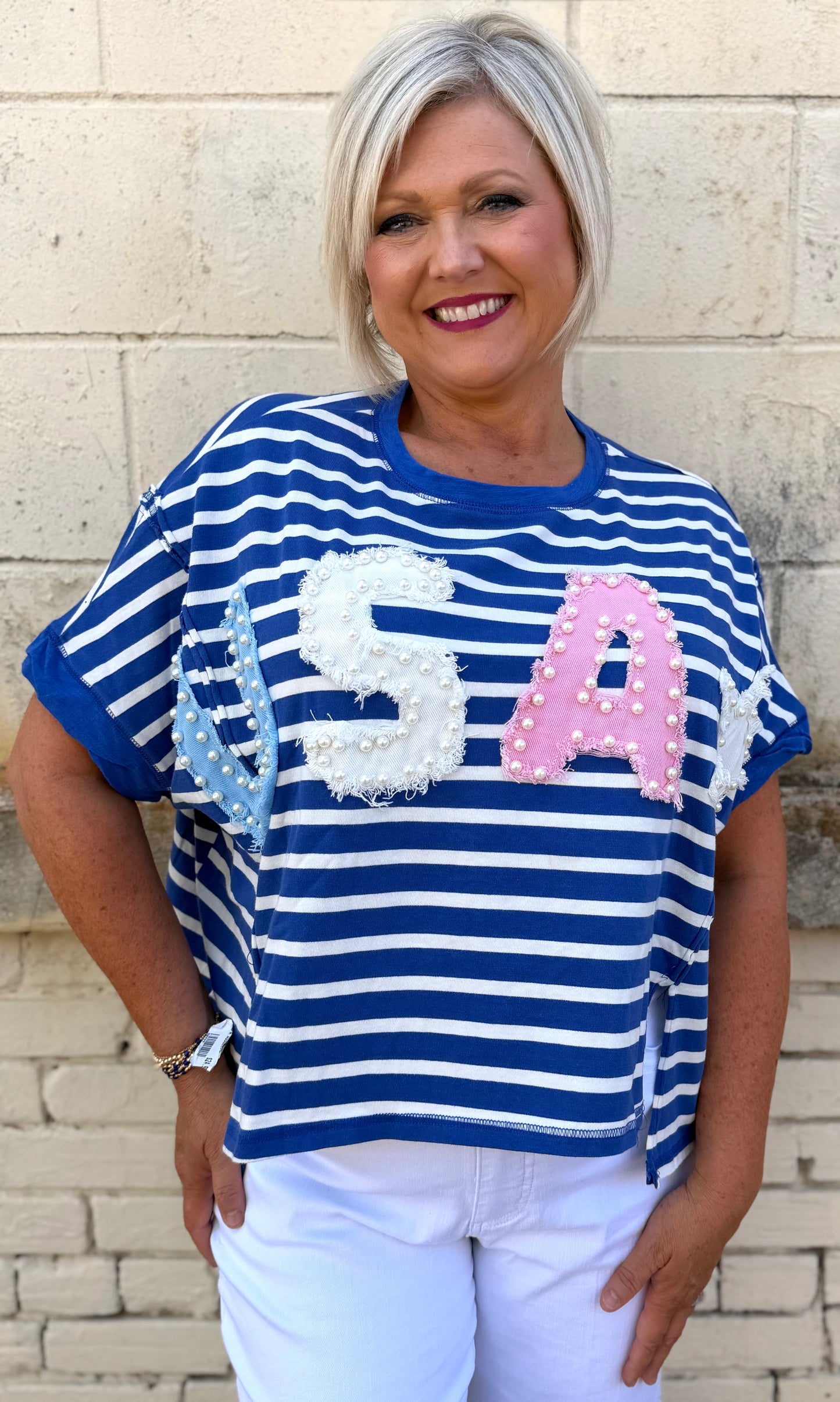 Peach Love Pearl USA Stripe Oversized Top