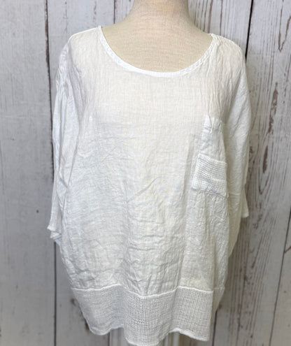 Made in Italy Linen Top with Crochet Net Trim