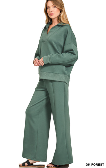 Zenana SCUBA COLLARED PULLOVER & PANTS SET