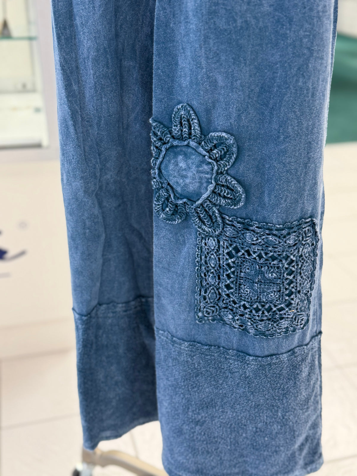 J. Her Slate Blue Mineral Washed Cotton Trim Patched Raw Hem Pants