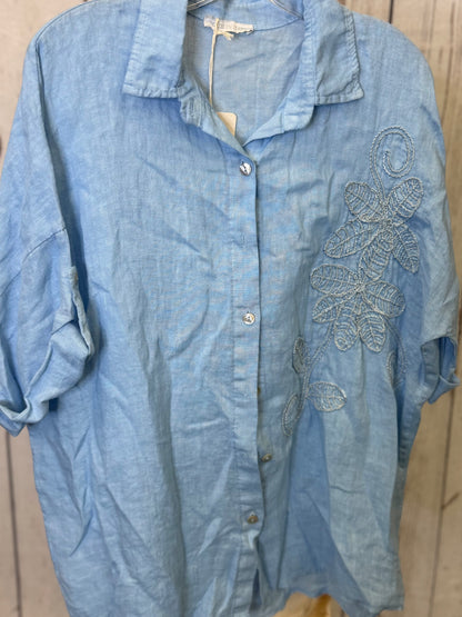 Made in Italy Collared Linen Blouse with Flower Detail