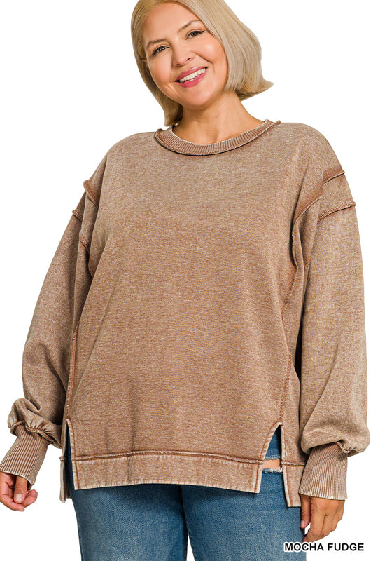 Zenana Mocha Fudge PLUS ACID WASH EXPOSED-SEAM FLEECE SWEATSHIRT