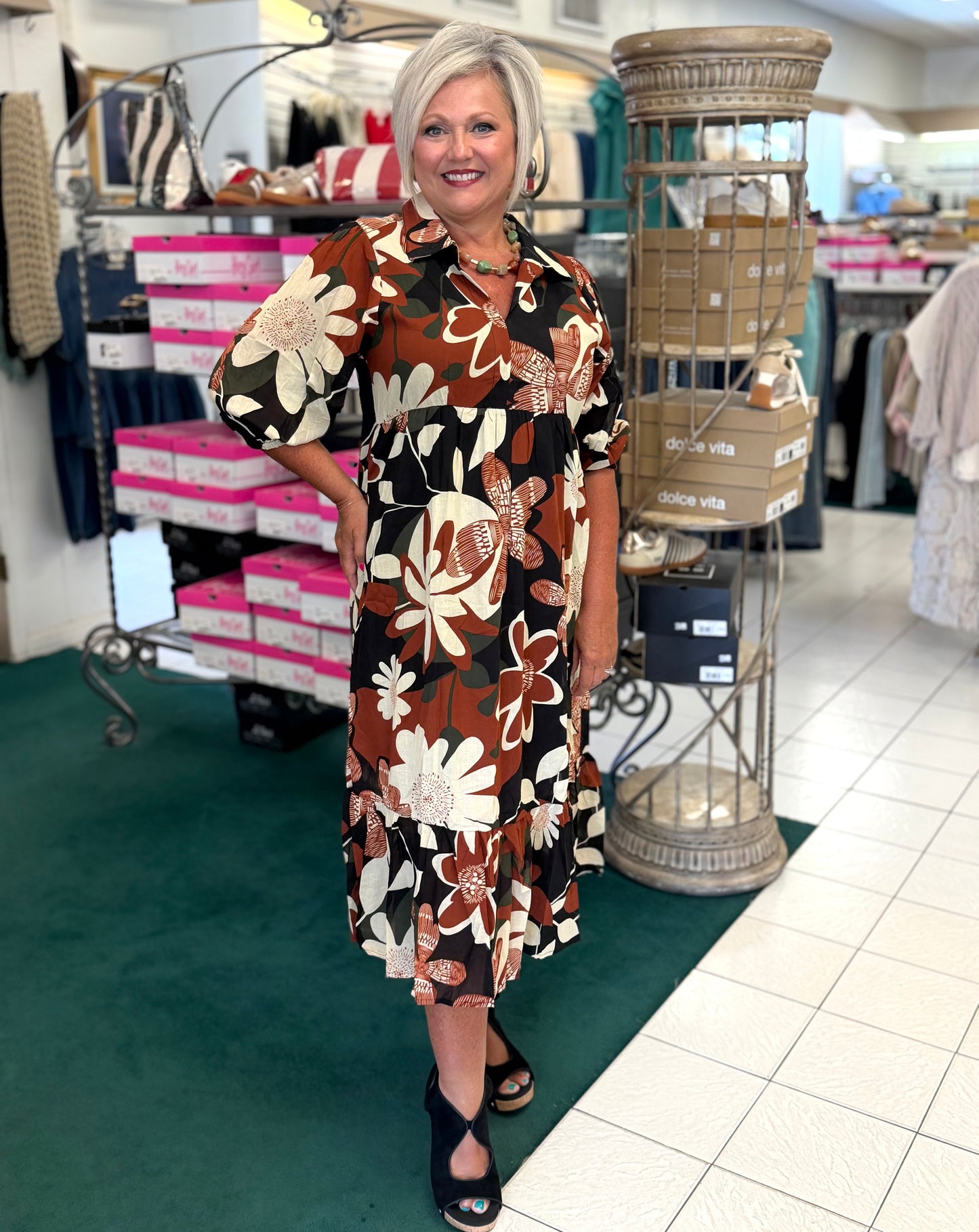 Umgee Rust Mix Floral Abstract Print Tiered Dress