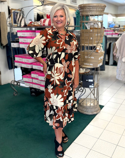 Umgee Rust Mix Floral Abstract Print Tiered Dress