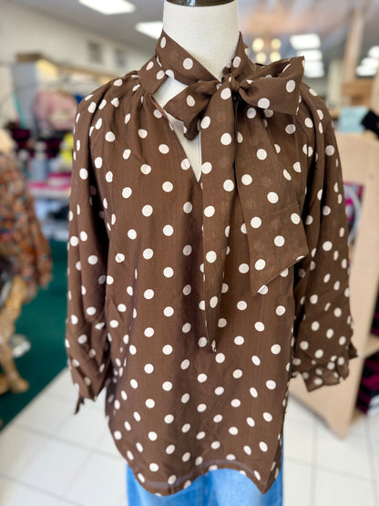 Umgee Brown Polka Dot Split Neck Blouse with Ruffle Cuffs