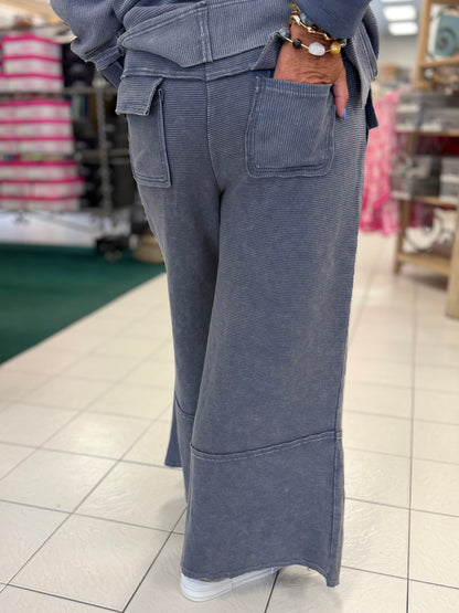 Easel Washed Denim Textured Mineral Washed Bell Bottom Pants