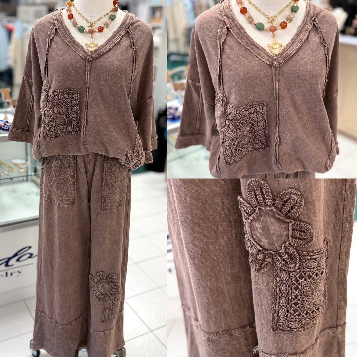 J. Her Chocolate Mineral Washed Cotton Trim Patched Raw Edge Top
