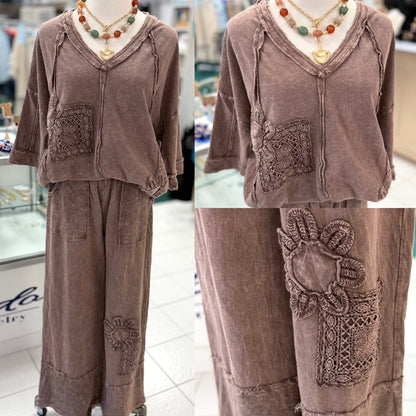 J. Her Chocolate Mineral Washed Cotton Trim Patched Raw Edge Top
