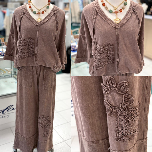 J. Her Chocolate Mineral Washed Cotton Trim Patched Raw Hem Pants