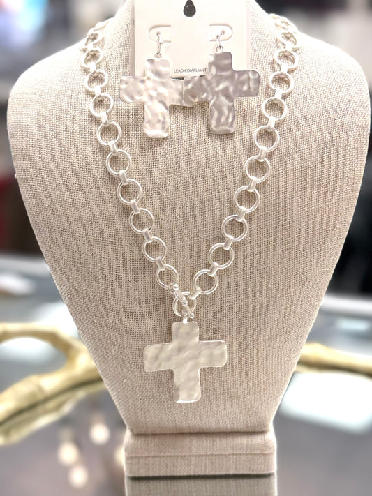 Silver Hammered Metal Cross Earrings