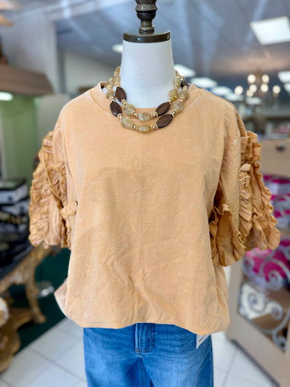 Easel Honey Latte RUFFLED SLVS MINERAL WASHED TOP