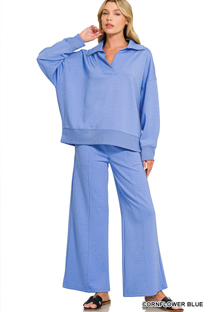 Zenana Cornflower Blue SCUBA COLLARED PULLOVER & PANTS SET