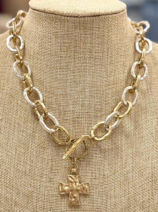 Mixed Metal Open Chain Gold Cross Necklace