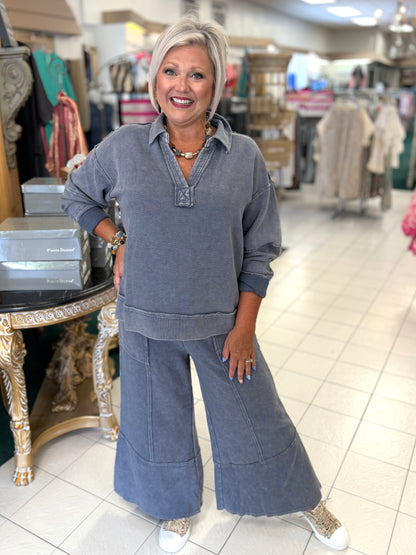Easel Washed Denim Textured Thermal Washed Pullover