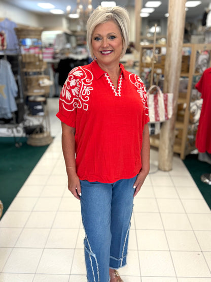 Umgee Tomato Red Embroidered Sleeve Top