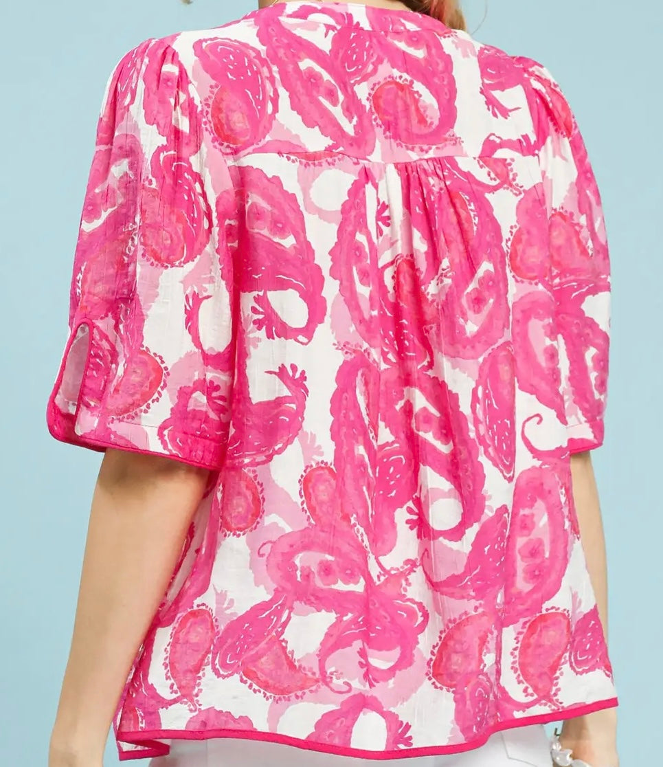Umgee Plus Size Pink Paisley Print Tassel Tie Top
