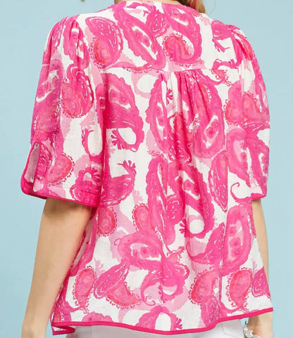 Umgee Plus Size Pink Paisley Print Tassel Tie Top