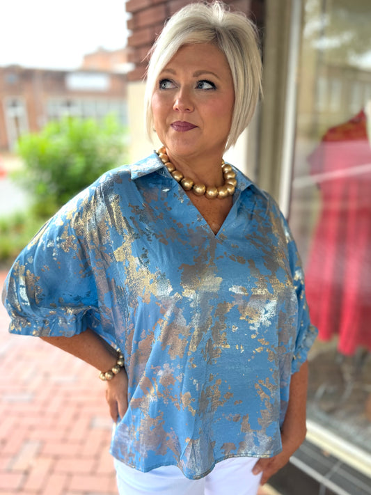 Jodifl Blue Drop Shoulder Dolman Sleeves Metallic Top