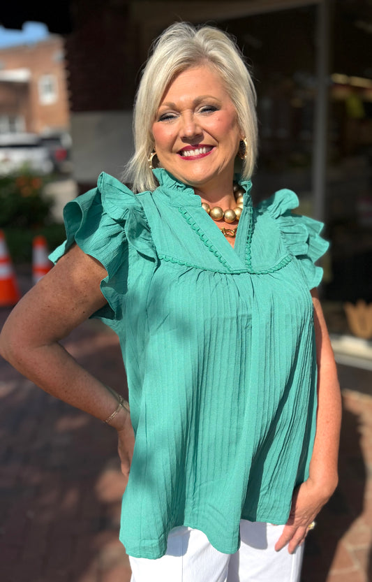 Umgee Jade Ruffle Sleeve Textured Babydoll Top