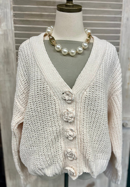 POL Cream Flower Button Chenille Sweater
