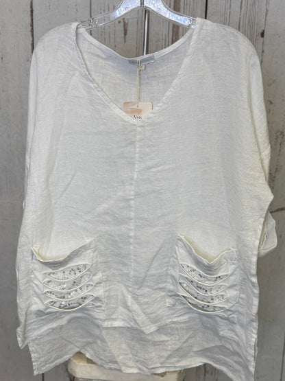 Made in Italy Linen Blouse with Lace and Ripped Fabric Front Pockets